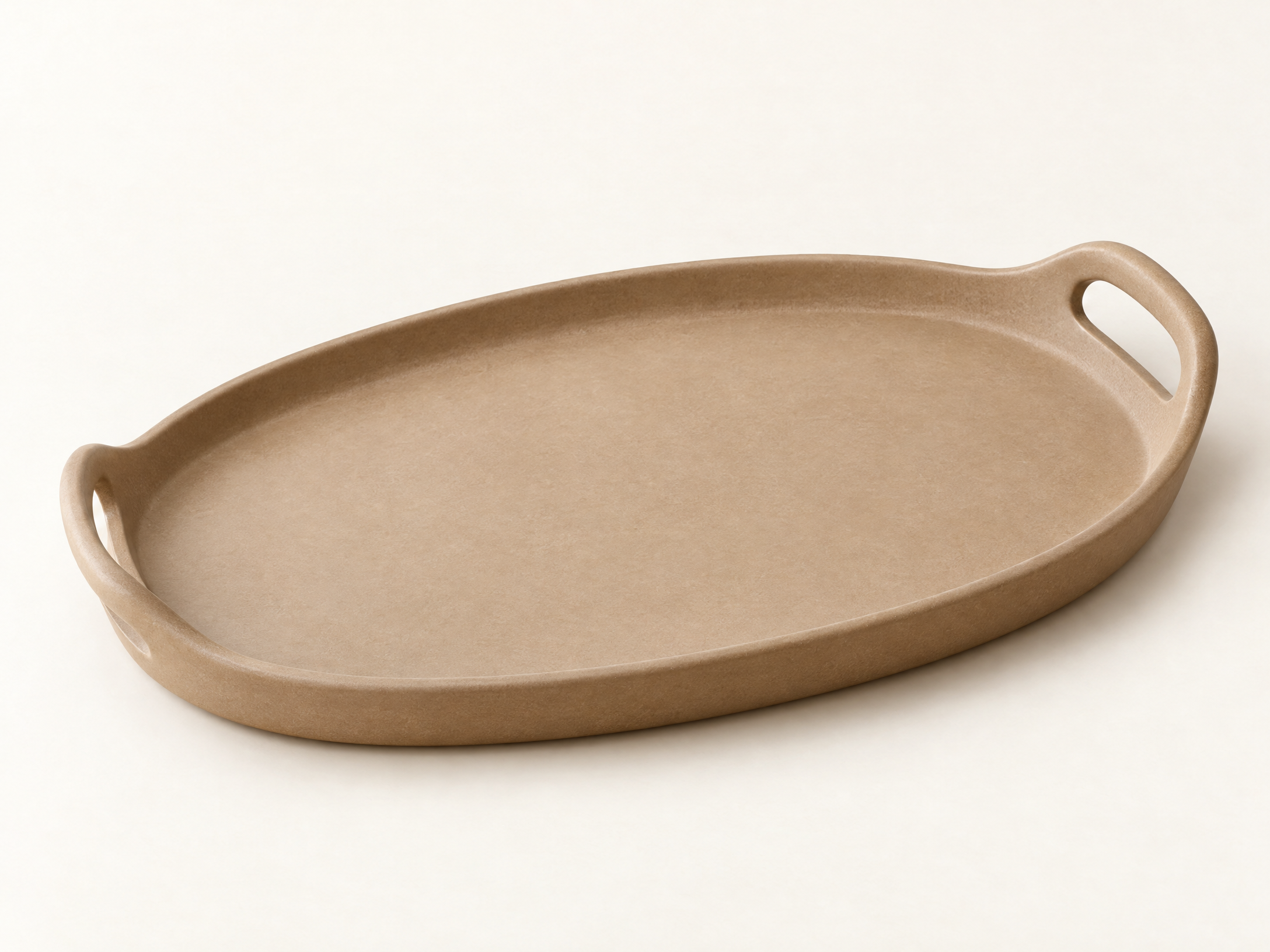 Original AI-generated concept image of an empty oval tabletop tray with side openings; not a photo of NicLogistics inventory.